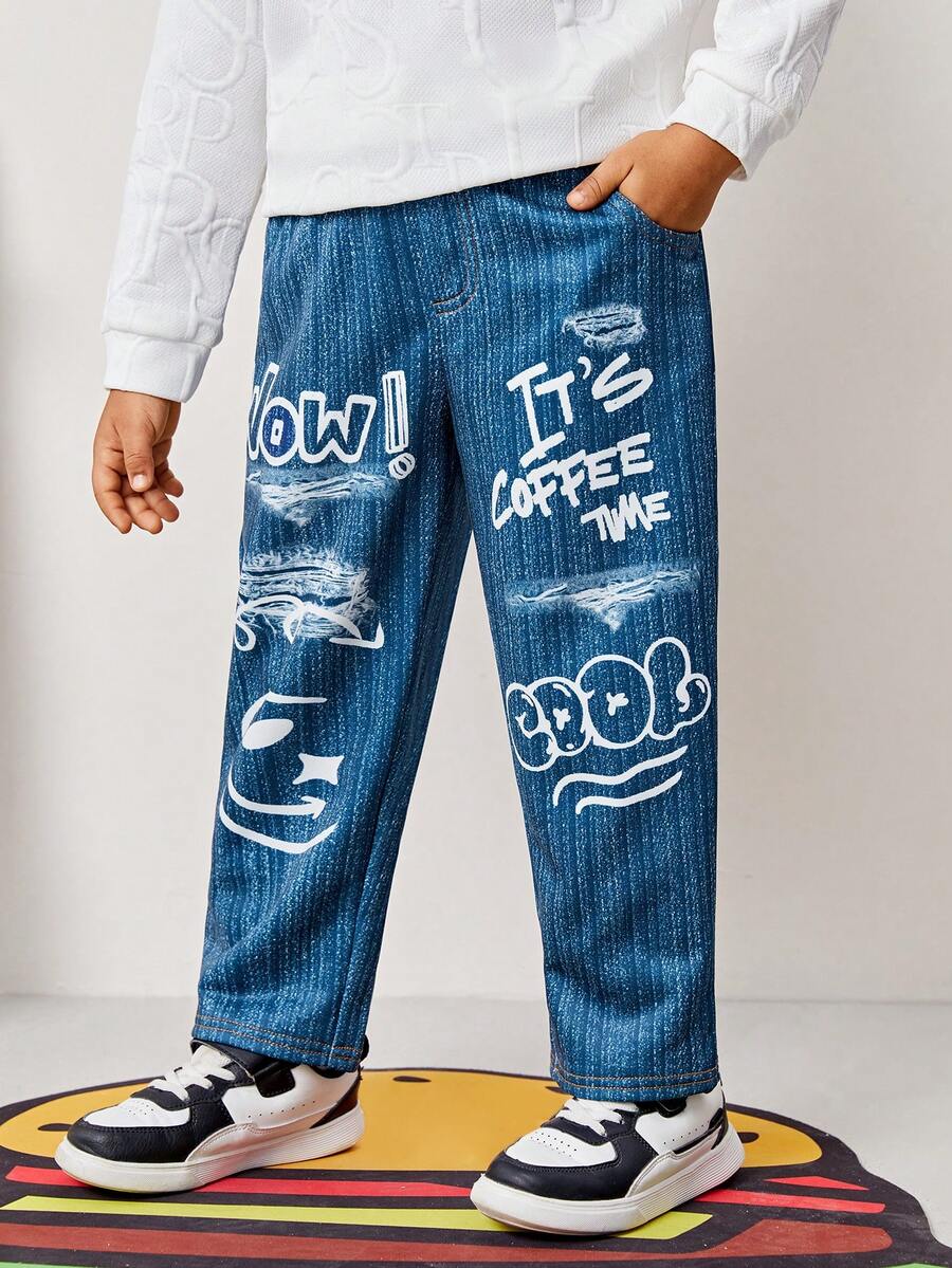 SHEIN 男小童卡通和字母圖案牛仔效果印花衛褲 - 黑色 - 查看 1