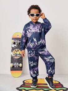 Young Boy Casual Loose Tie Dye Flame & Smiling Face Hoodie Sweatshirt With Knitted Pants Set, Fleece Thickened