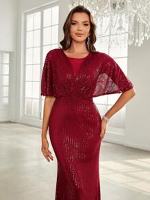 SHEIN Belle Butterfly Sleeve Mermaid Hem Sequin Formal Dress - Red - View 5