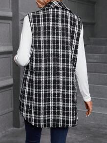 SHEIN LUNE Plaid Pattern Flap Detail Tweed Vest Overcoat - Black and White - View 2