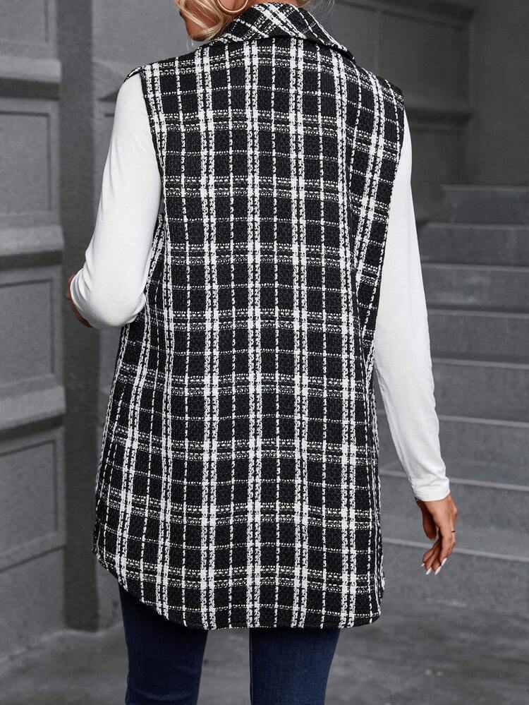 Plaid Pattern Flap Detail Tweed Vest Overcoat