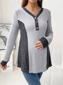 SHEIN Maternity Color Block Half Button Tee - Multicolor - View 3