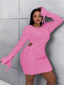 Maweii Plus Cutout Knot Side Flounce Sleeve Bodycon Dress - Pink - View 3
