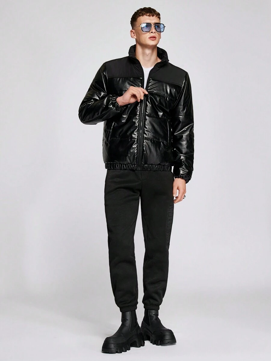 Manfinity VCAY Chaqueta casual tipo plumas con cremallera y manga larga, talla grande para hombre