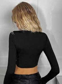 SHEIN ICON Y2k Clothes Long Sleeves Woman Club Tops Cutout Pleat Front Long Sleeve Fitted Women's T-Shirt - Black - View 2