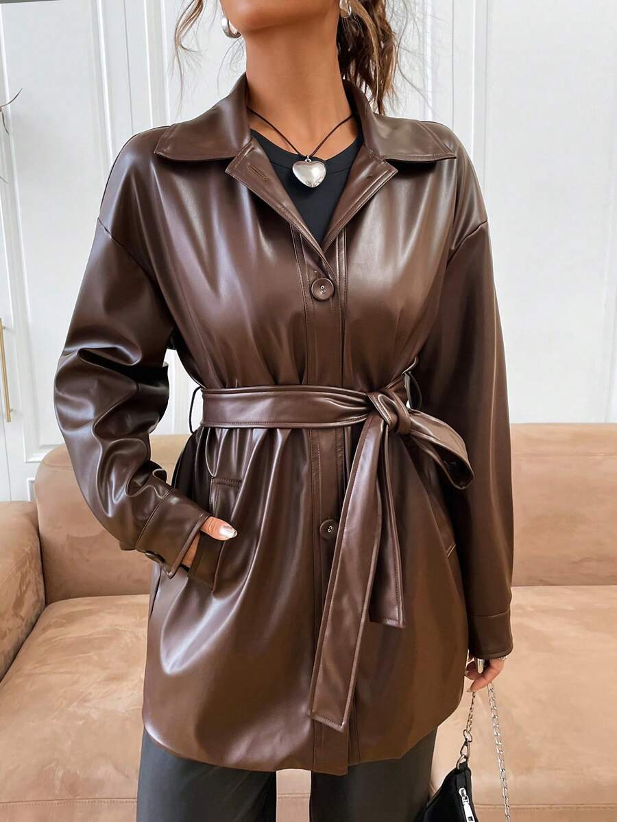 SHEIN EZwear 落肩袖腰帶PU皮革外套 - 棕色 - 查看 1