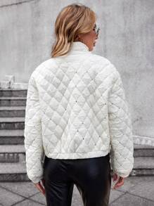 SHEIN LUNE 亮片装饰口袋和侧拉链填充衬垫大衣 - 白色 - 查看 2