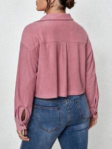 SHEIN Franclia 大碼翻蓋口袋落肩袖燈芯絨夾克 - 粉色 - 查看 3