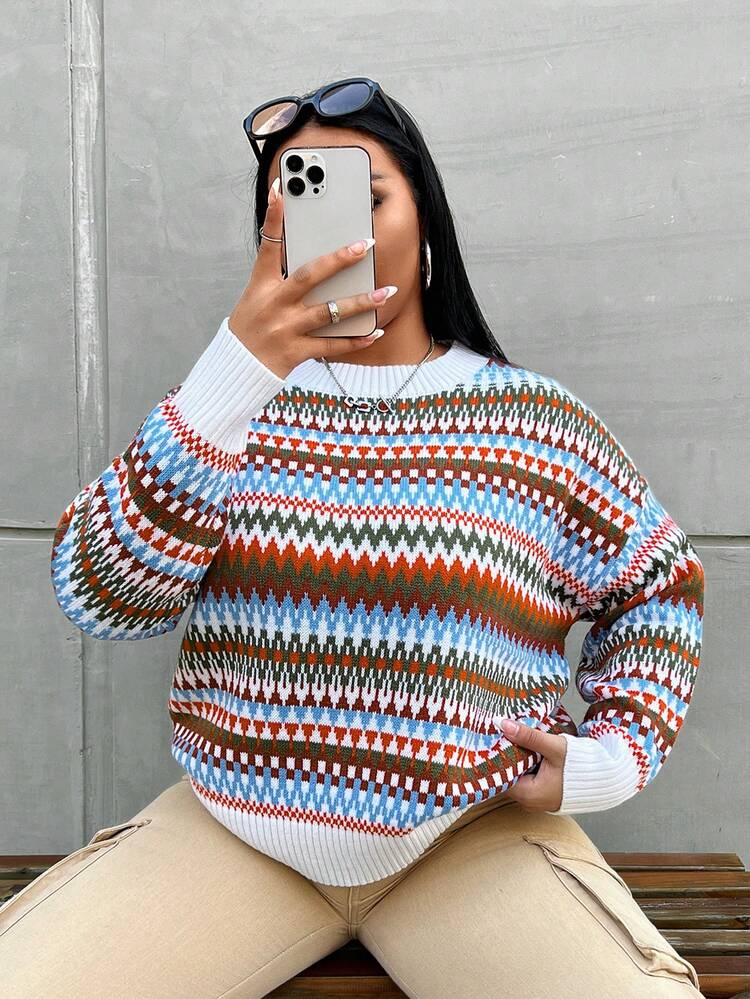 Plus Geo Pattern Drop Shoulder Sweater Knit Pullover Fall Winter Sweater