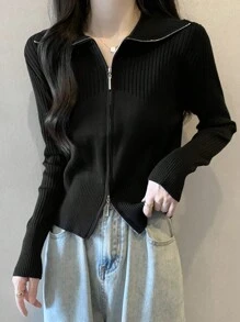 French Design Dual Zipper Stylish And Slimming Knit Sweater