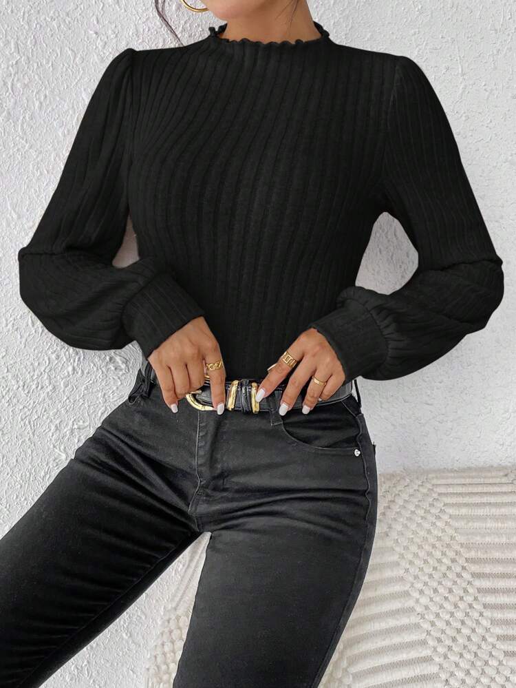 Mock Neck Lantern Sleeve Ribbed Knit Bodysuit Winter Black Casual