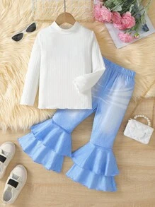 SHEIN Cô Gái Trẻ Cổ giả Áo thun & Quần ống loe - Xanh và trắng - Xem 1