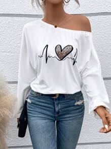 SHEIN LUNE Heart & Leopard Print Asymmetrical Neck Lantern Sleeve Tee - White - View 1