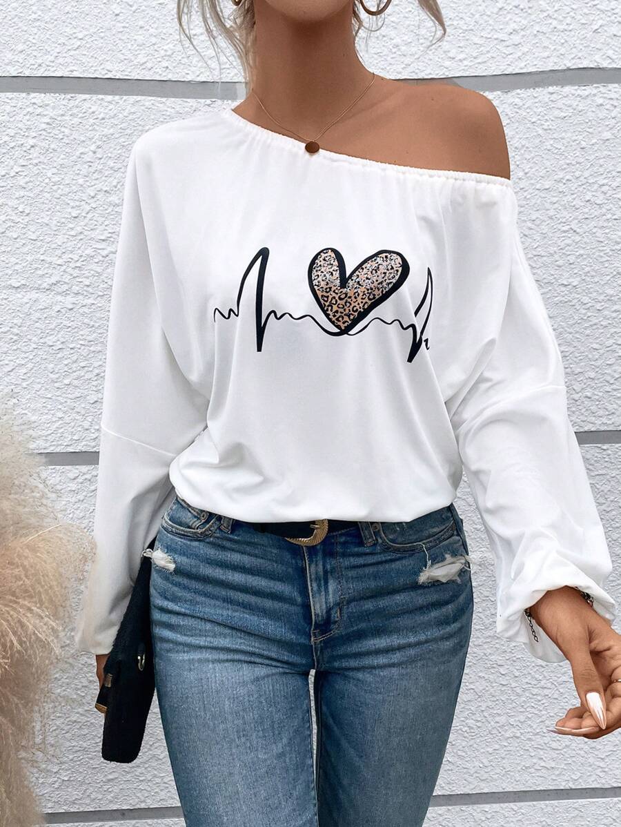 SHEIN LUNE Heart & Leopard Print Asymmetrical Neck Lantern Sleeve Tee - White - View 1