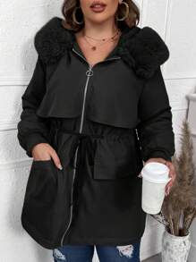 Calvaya Plus Drawstring Waist Fuzzy Trim Hooded Parka Padded Coat, For Winter Clothes Fall Cloth For Women - Black - View 3