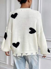 SHEIN Qutie 愛心圖案落肩袖仿舊邊套頭毛衣 - 彩色 - 查看 2