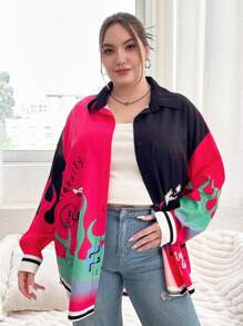 SHEIN Coolane Hơn Đồ họa chữ & lửa Sọc trang trí Thả vai Áo sơ mi - Nhiều màu - Xem 5