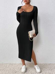 Chiquease Scoop Neck Split Thigh Dress Maxi Women Outfit - Black - View 4
