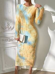 SHEIN VCAY Tie Dye Distressed Pencil Dress - Blue - View 7