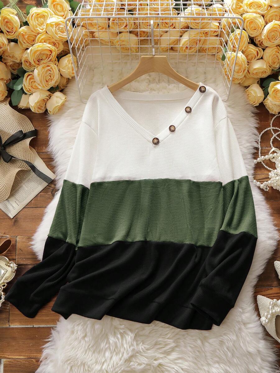 SHEIN LUNE Talla grande Sudadera de color combinado con diseño de botón - Multicolor - Ver 1