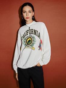 SHEIN EZwear Letter & Graphic Print Mock Neck Drop Shoulder Sweatshirt - White - View 1