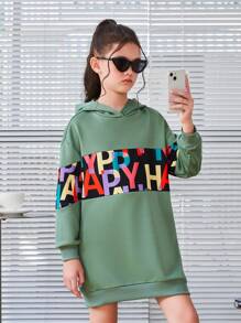 SHEIN Cô gái Tween Đồ họa Chữ cái Thả vai Đàm áo cánh có mũ - Màu xanh Bạc hà - Xem 1