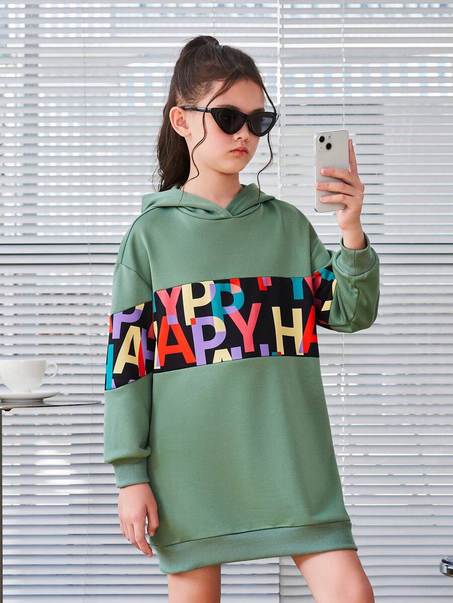 SHEIN Cô gái Tween Đồ họa Chữ cái Thả vai Đàm áo cánh có mũ - Màu xanh Bạc hà - Xem 1