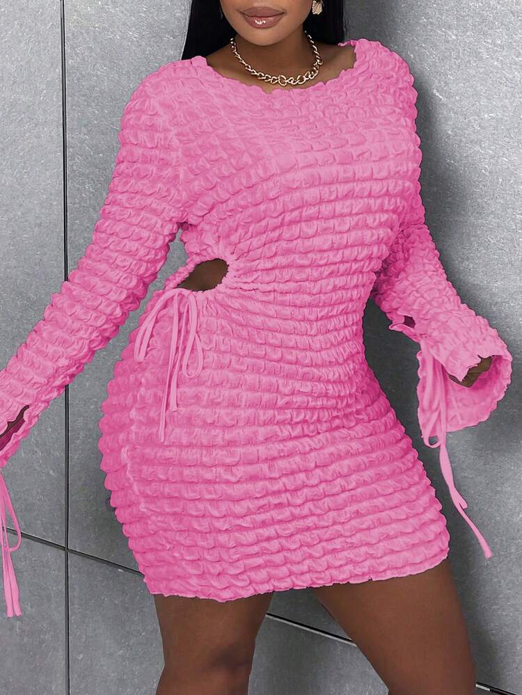 Maweii Plus Cutout Knot Side Flounce Sleeve Bodycon Dress - Pink - View 8