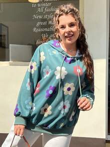 SHEIN EZwear 帶有花卉圖案和束口的大尺碼帽衫 - 彩色 - 查看 3
