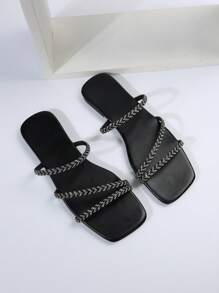 Women'S Outdoor Square Toe Slippers, Fashionable With Black Color, Multiple Strips, Rhinestone And Flat Heels, Providing High-End Sensation - Black - View 6