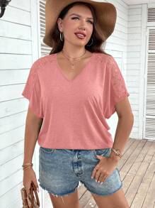 EMERY ROSE Plus Contrast Lace Batwing Sleeve Tee - Pink - View 4