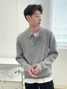 Manfinity Hypemode 男士翻領半拉鍊針織毛衣 - 灰色 - 查看 3