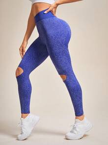Easithlete 剪裁宽带腰部运动紧身裤瑜伽服瑜伽服无缝女士运动紧身裤紧身裤瑜伽 - 藍色 - 查看 6