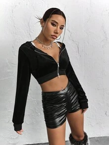 SHEIN ICON 拉鏈開襟短款連帽衛衣 - 黑色 - 查看 4