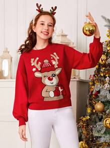 Thiếu niên cô gái Họa tiết Giáng sinh bất kỳ mẫu nào Thả vai Áo len - Đỏ - Xem 3