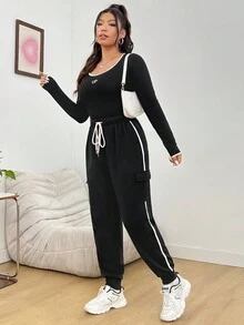 SHEIN EZwear 女士黑色針織撞色織帶卫裤 - 黑與白 - 查看 5