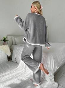 Contrast Trim Flannel Lounge Set, Fall Winter Clothes, Cozy Outfit, Fluffy Pajama - Grey - View 2