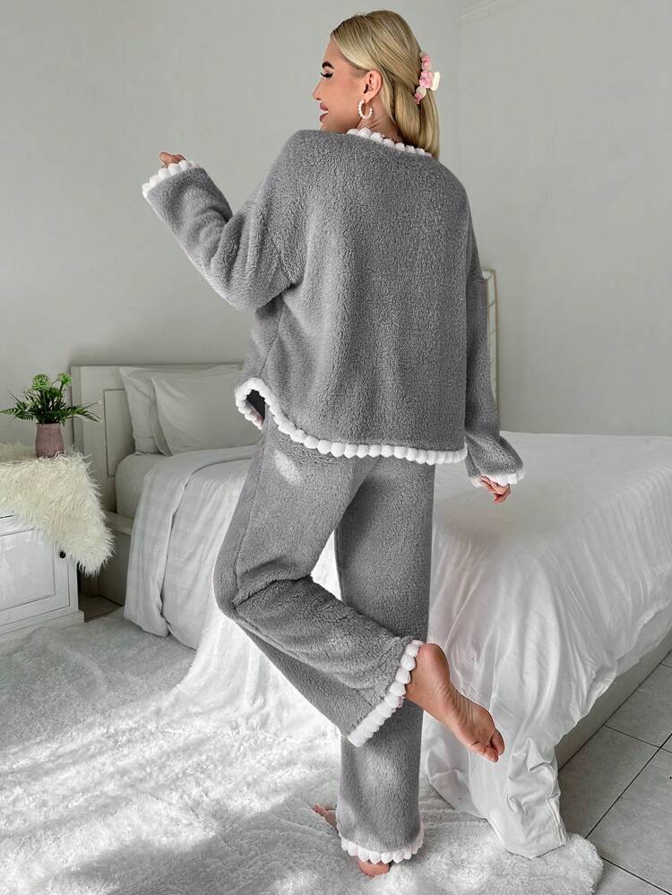 Contrast Trim Flannel Lounge Set, Fall Winter Clothes, Cozy Outfit, Fluffy Pajama