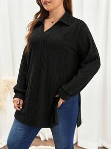 SHEIN Frenchy 女士大碼條紋灰燈芯絨襯衫 - 黑色 - 查看 4