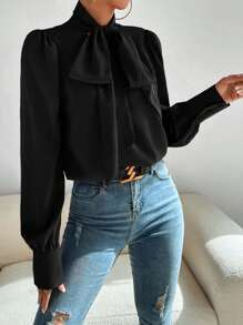 SHEIN Privé Tie Neck Lantern Sleeve Blouse - Black - View 3
