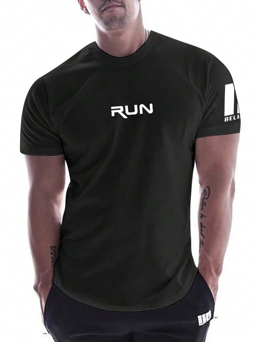 Manfinity Sport Corelite Manfinity Fitness Boyfriend Style Men Letter Graphic Sports Tee  Workout Tops  Workout Tops  Basketball  Back To School Graphic T Shirt Graphic Boyfriend Style Men T Shirt,Gym Clothes, Men's Gym Tee, Black Gym Tee Workout Tops Breathable - Black - View 1