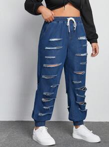 SHEIN EZwear 大碼腰部抽繩破洞抽鬚束腳牛仔褲 - 深色水洗藍 - 查看 5