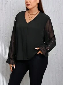 SHEIN Privé Plus Pearls Beaded Flounce Sleeve Blouse - Black - View 6