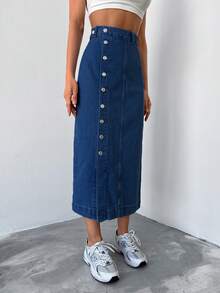 Cottnline Falda en mezclilla con botón delantero - Azul lavado oscuro - Ver 5