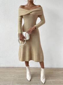 Chiquease Vestido de punto doblado de hombros descubiertos tejido de canalé - Camel - Ver 1