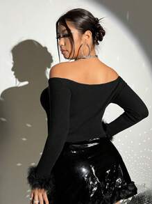 SHEIN ICON Plus Off Shoulder Fuzzy Cuff Crop Sweater - Black - View 2