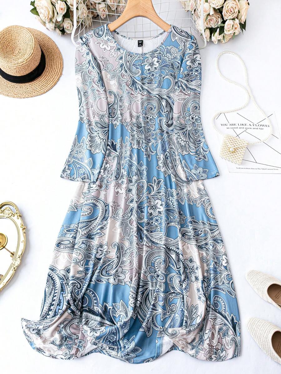 SHEIN LUNE Hơn In hoa Paisley Đầm - Màu xanh nhạt - Xem 1