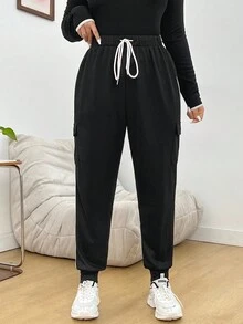 SHEIN EZwear 女士黑色針織撞色織帶卫裤 - 黑與白 - 查看 3