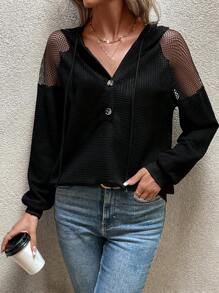 SHEIN Essnce Tương phản Fishnet Tay Raglan Nút Nửa Dây rút Hoodie - màu đen - Xem 1