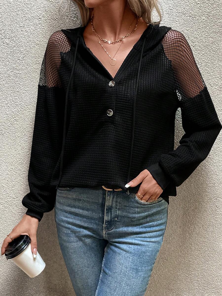 SHEIN Essnce Tương phản Fishnet Tay Raglan Nút Nửa Dây rút Hoodie - màu đen - Xem 1